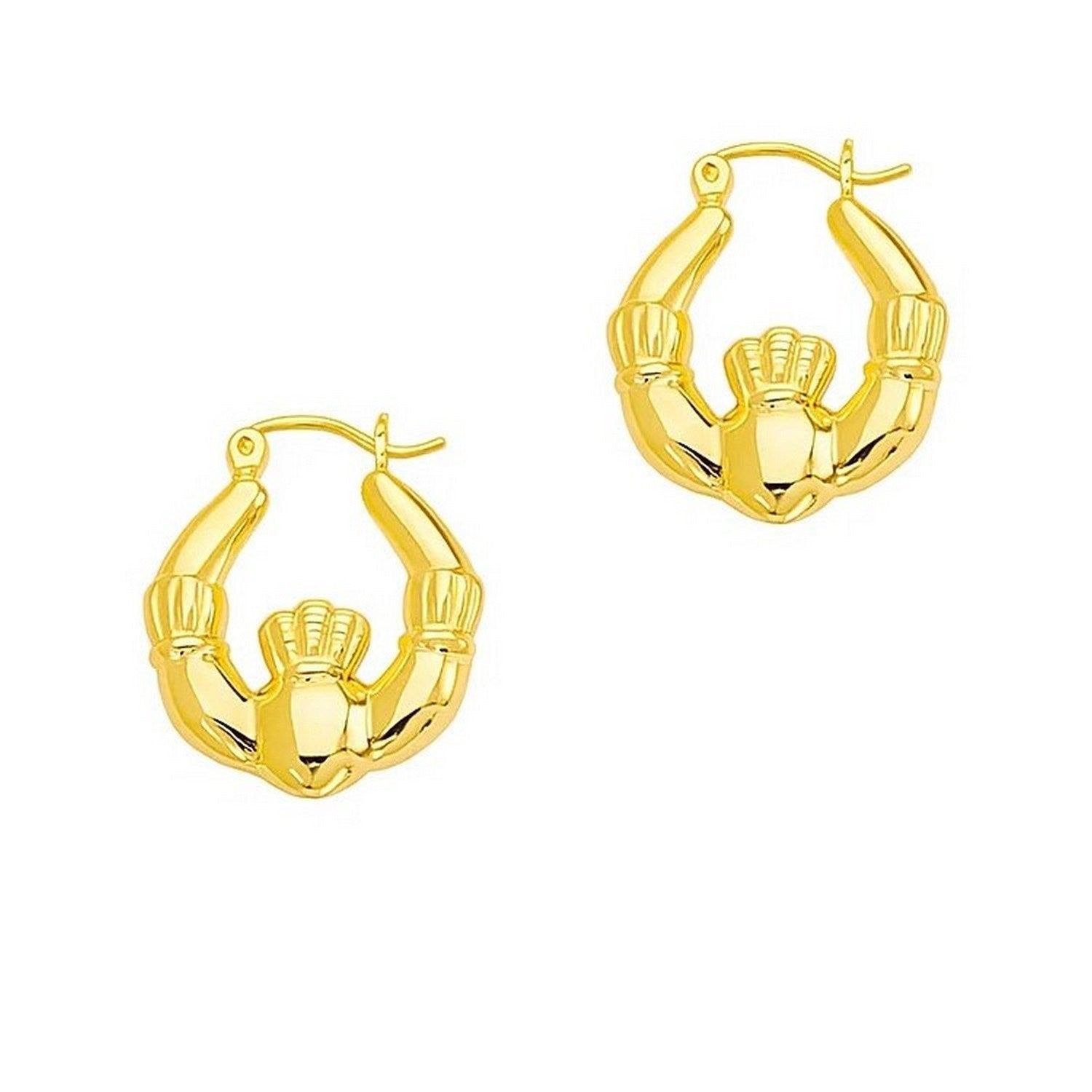 14K Yellow Gold Claddagh Symbol Hoop Earrings in a sleek high-contrast midnight luxury editorial style